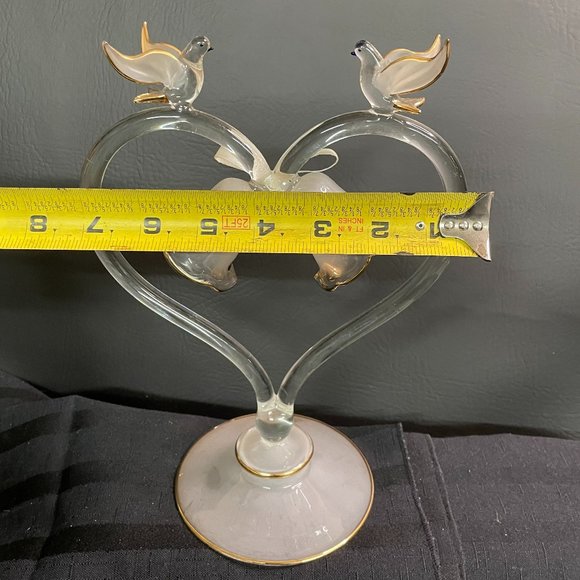 Doves & Wedding Bells Decor Cake top Handblown Glass Sculpture Clear w/Gold Trim - Picture 7 of 8